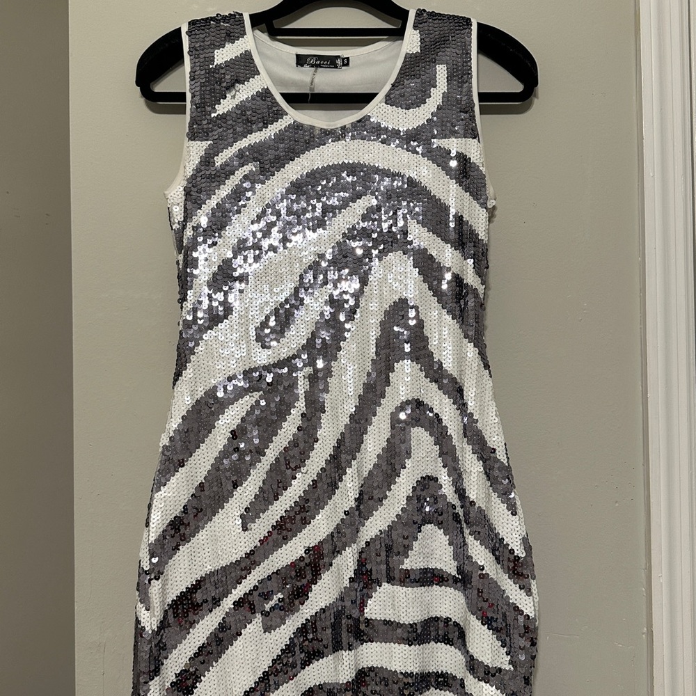 Elegant Silver and White Sequin Mini Dress